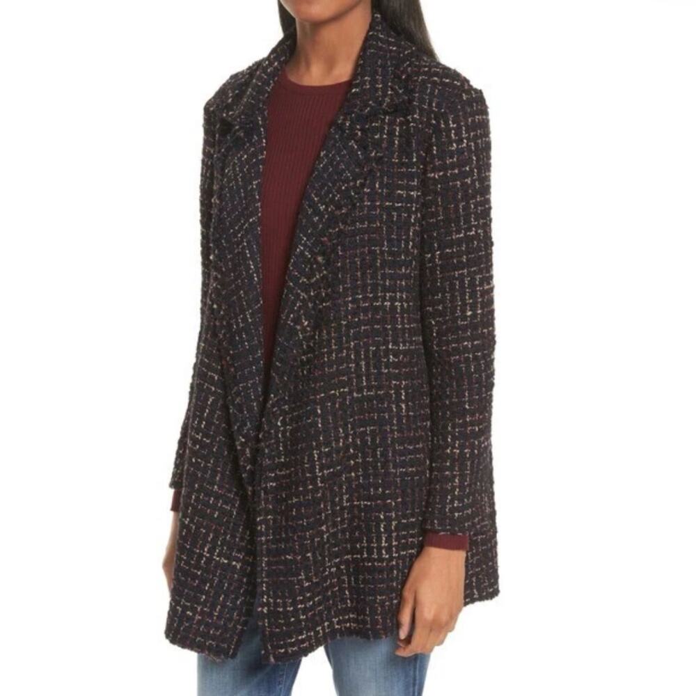 Theory Clairene Navy Blue Burgundy Boucle Tweed Open Blazer Jacket XS NWT $495